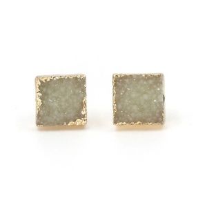 White Druzy Stone Square Stud Earring